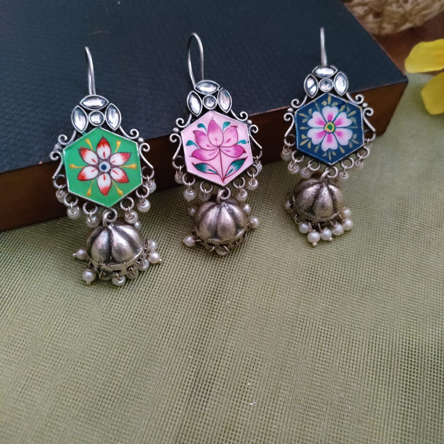 Silver Handpainted earrings & Jumkha