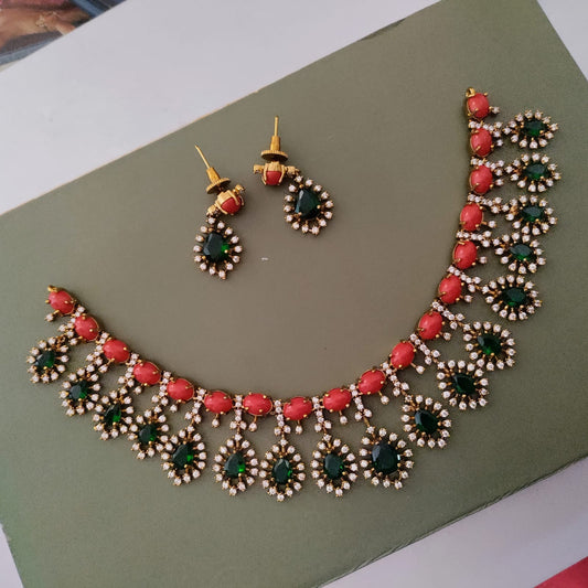 Trending Coral with green stone drop motif - necklace set