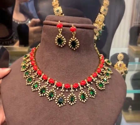 Trending Coral with green stone drop motif - necklace set