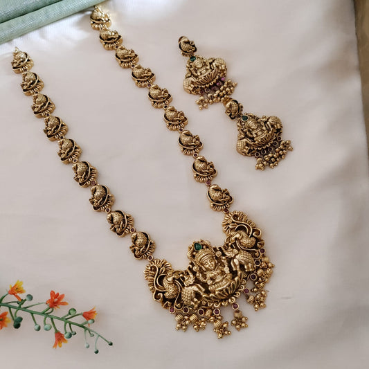 Antique finish Lakshmi bridal Long Necklace, Nakshi work