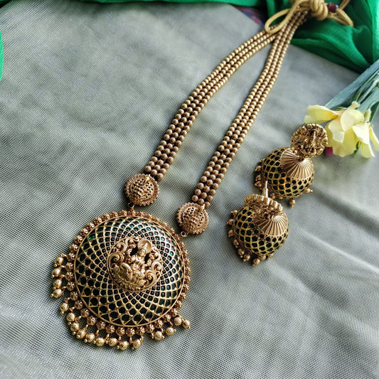 Gorgeous round green stone studded lakshmi pendant Long Necklace