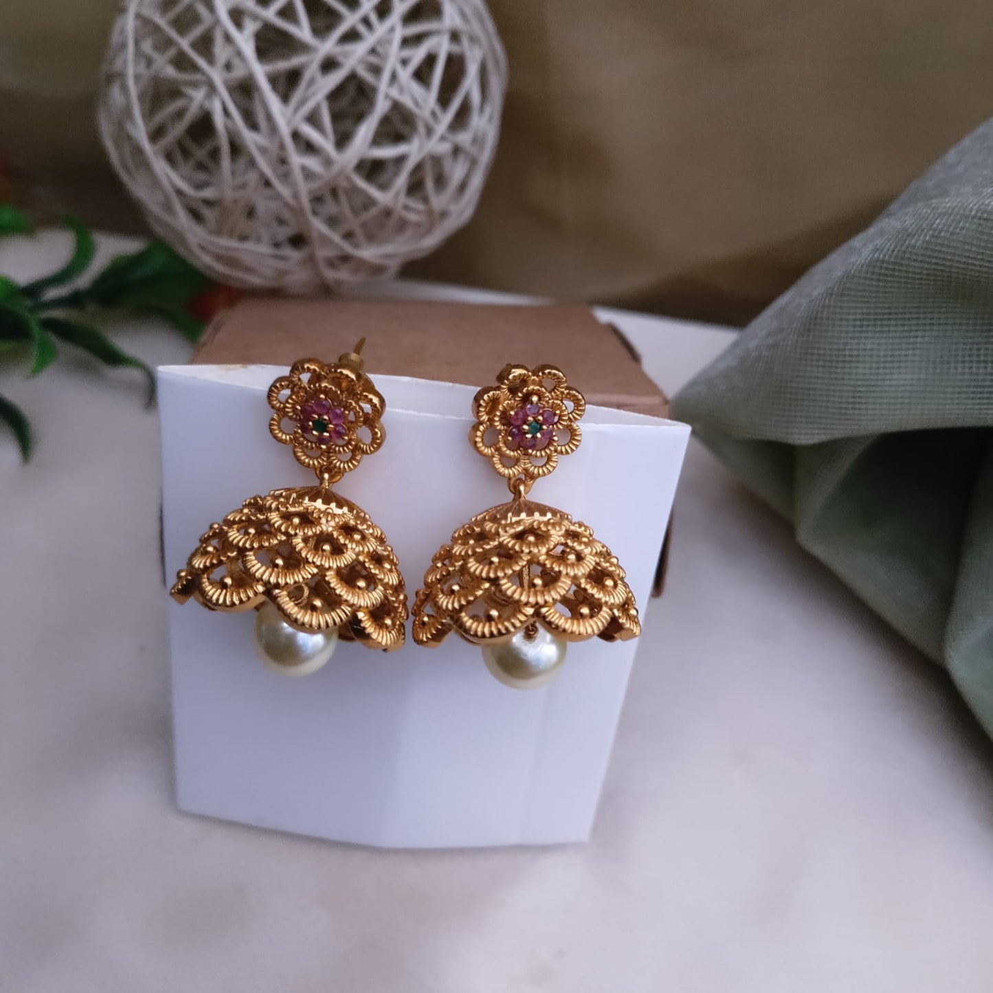 Flower ruby stone jumkha earring