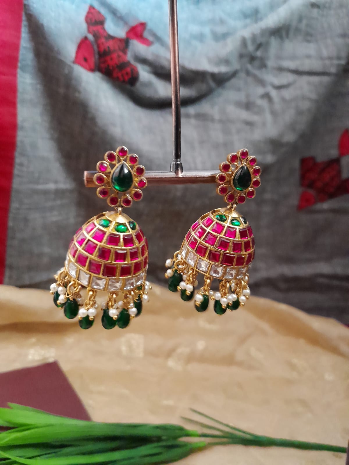 Bridal jadau jumkha ruby with green