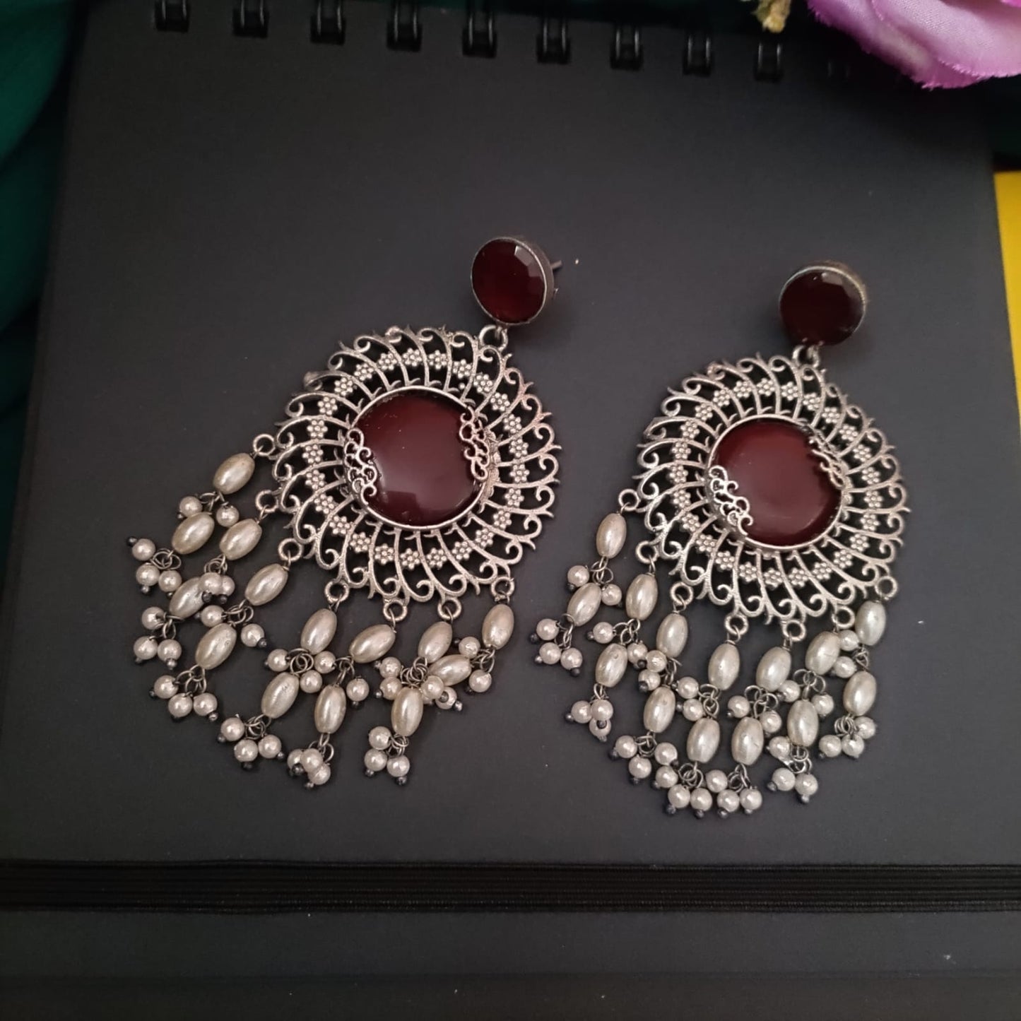 Ruby stone round pearl earring