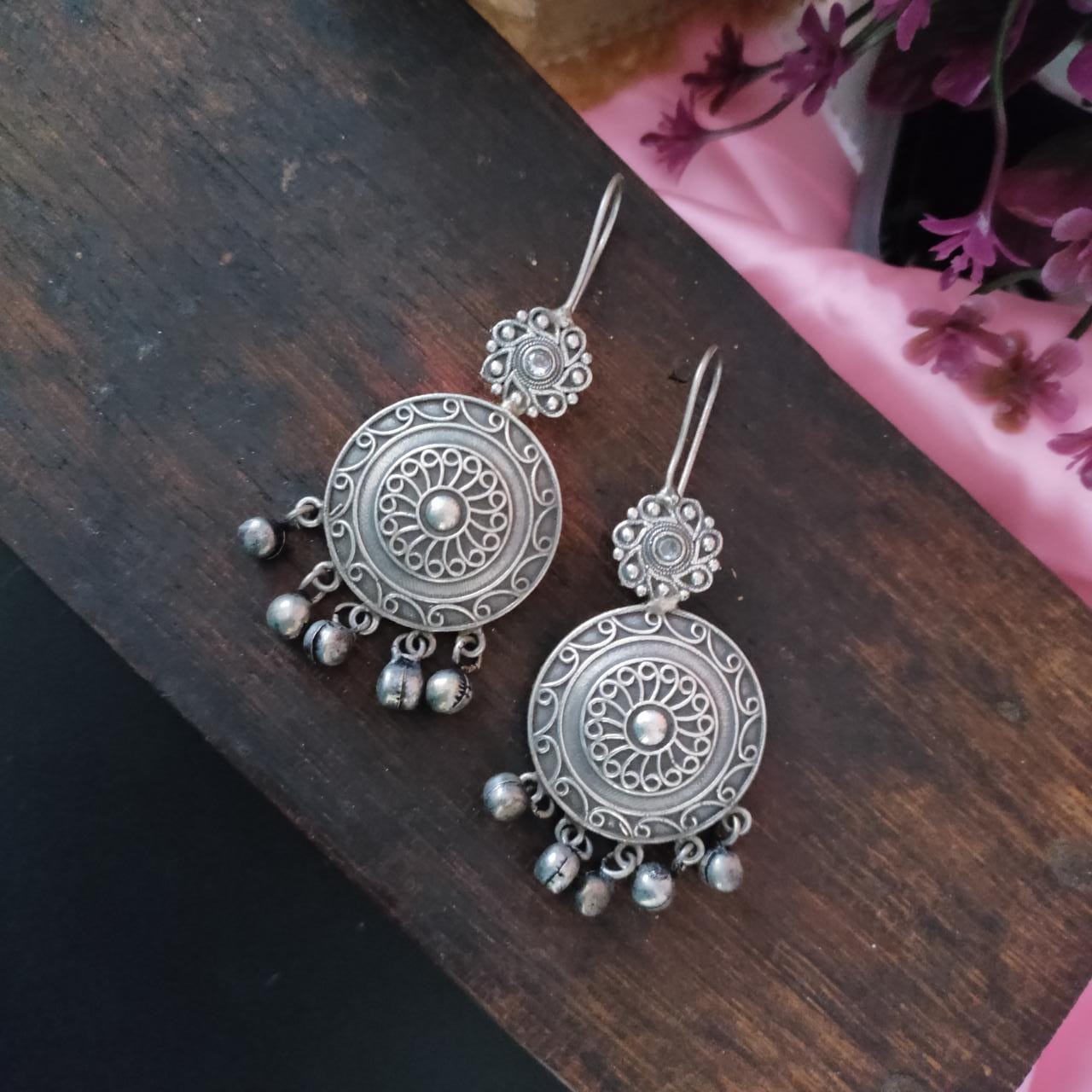 Flower round hook earring