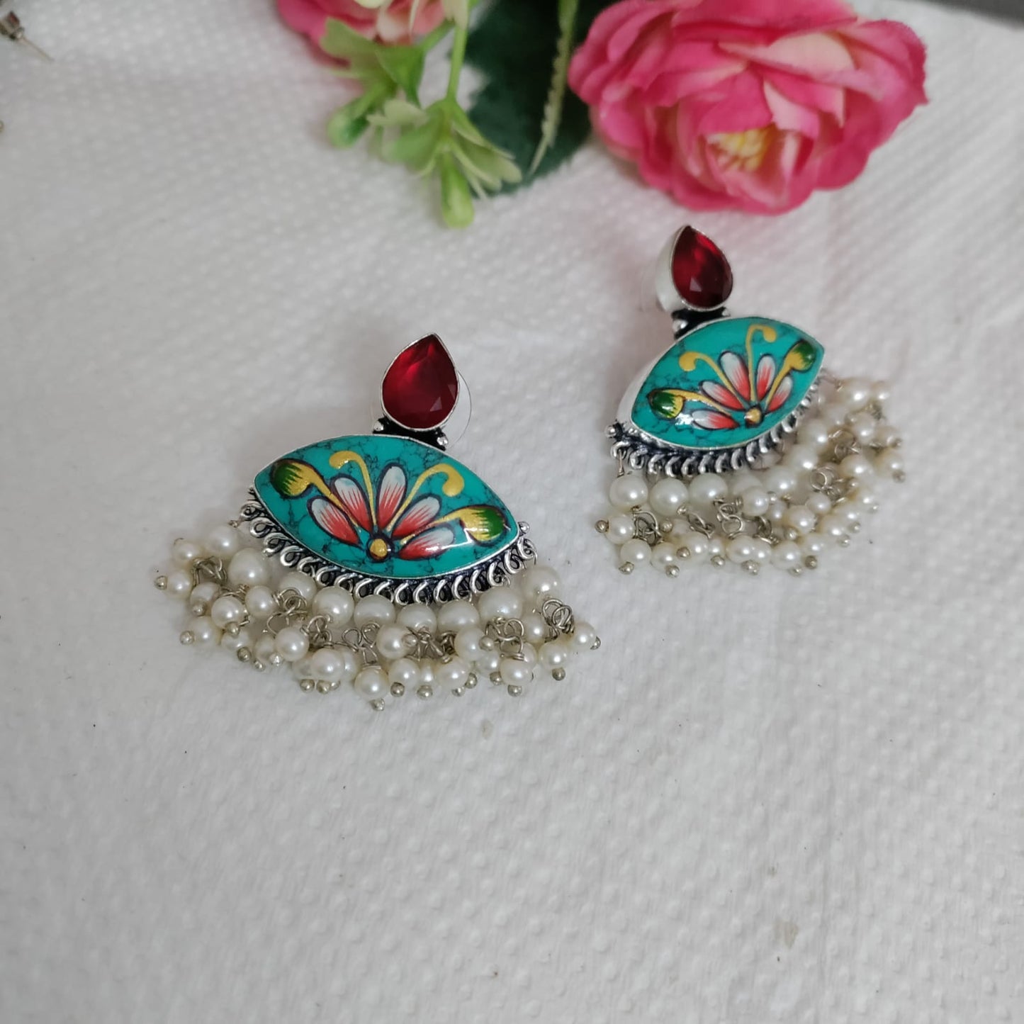 Tanjore painted t.blue earring