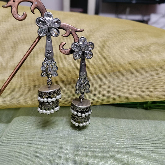 White stone long 2 layer jumkha earring