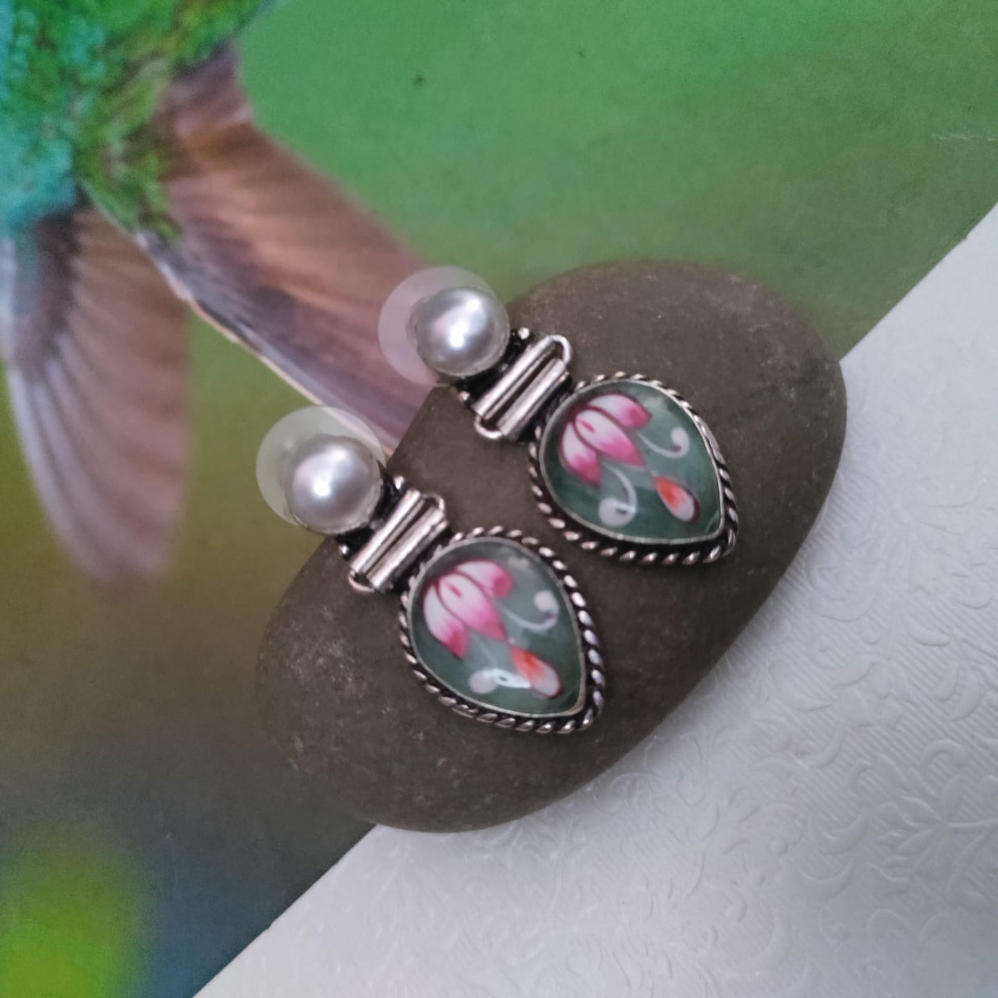 Pearl drop stone painted earring