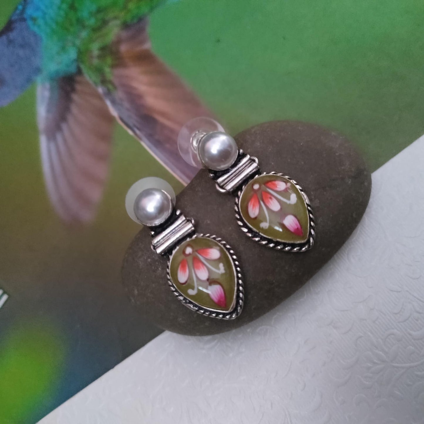 Pearl drop stone painted earring