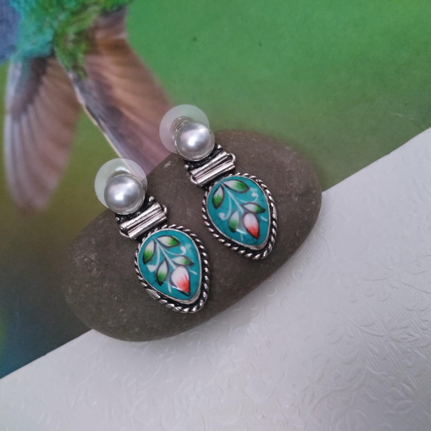 Pearl drop stone painted earring