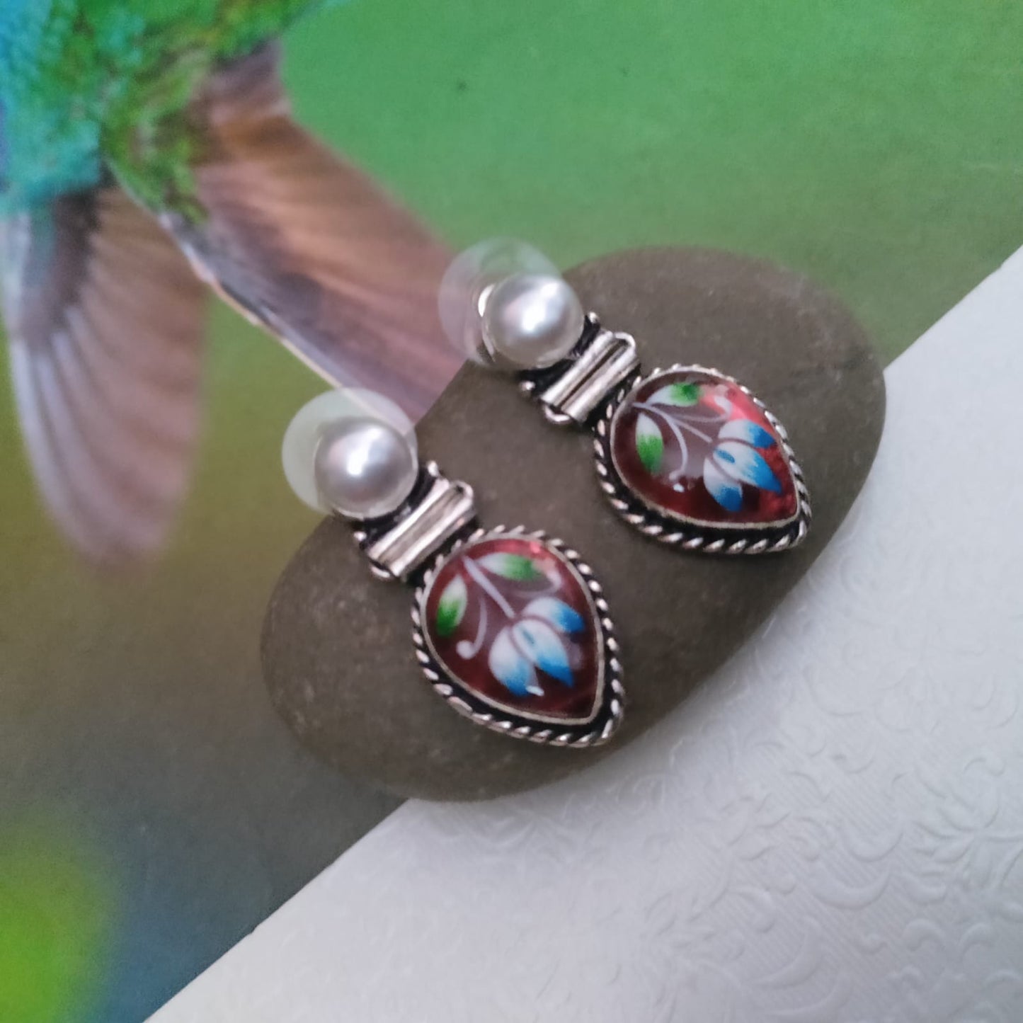 Pearl drop stone painted earring