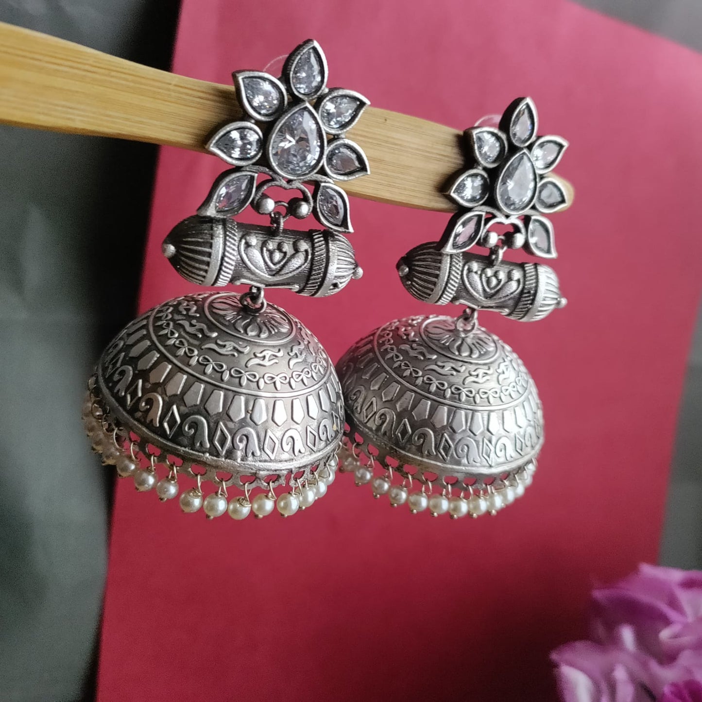 Flower stone jumkha earring - Jumbo size light weight