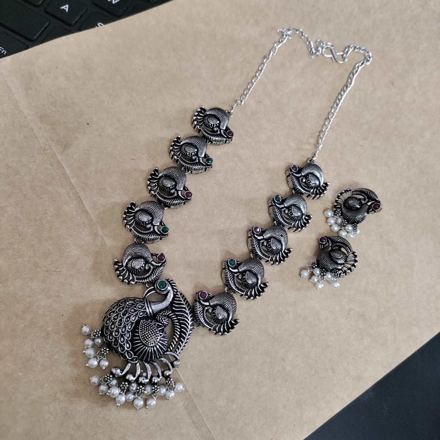 Peacock stone long silver replica chain set