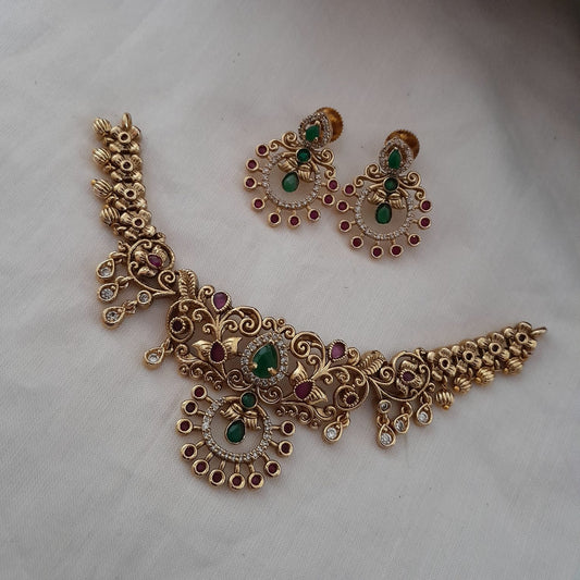 Rohini-Ruby with green stone studded short necklace