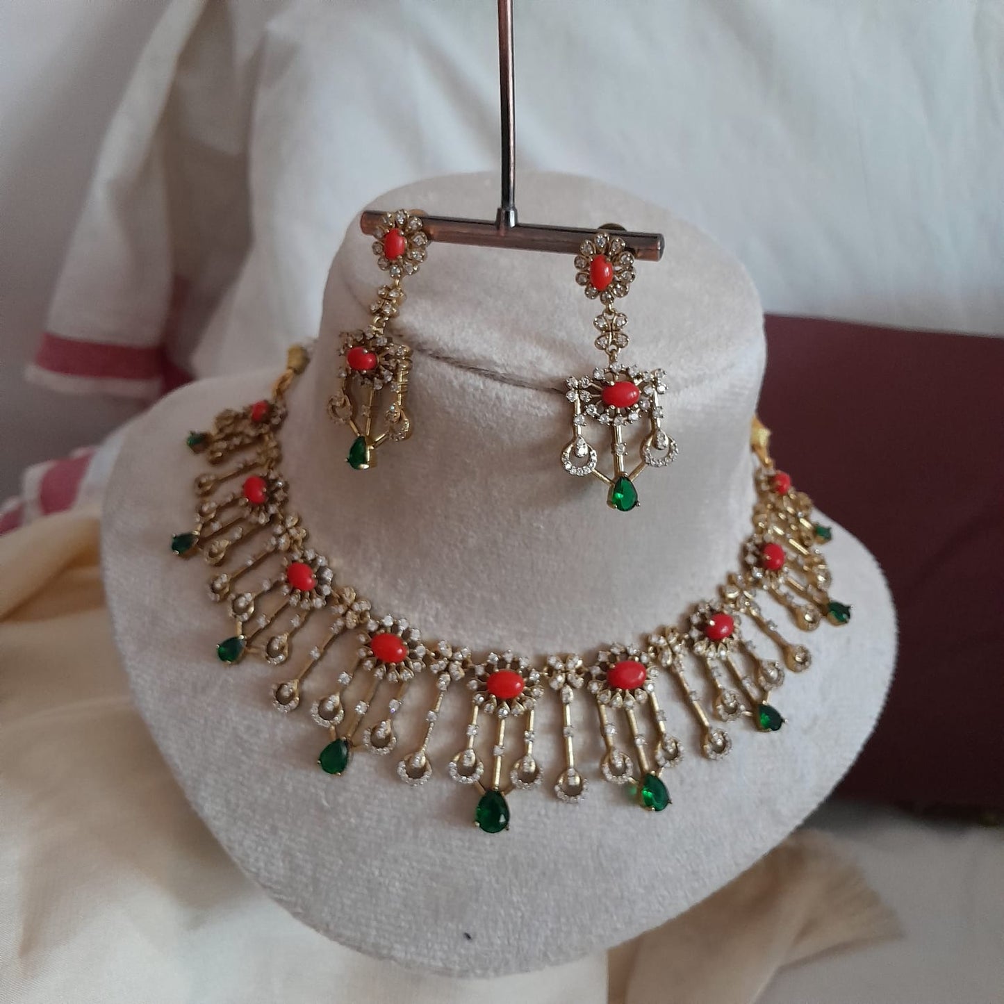 Trending Coral with green stone necklace set