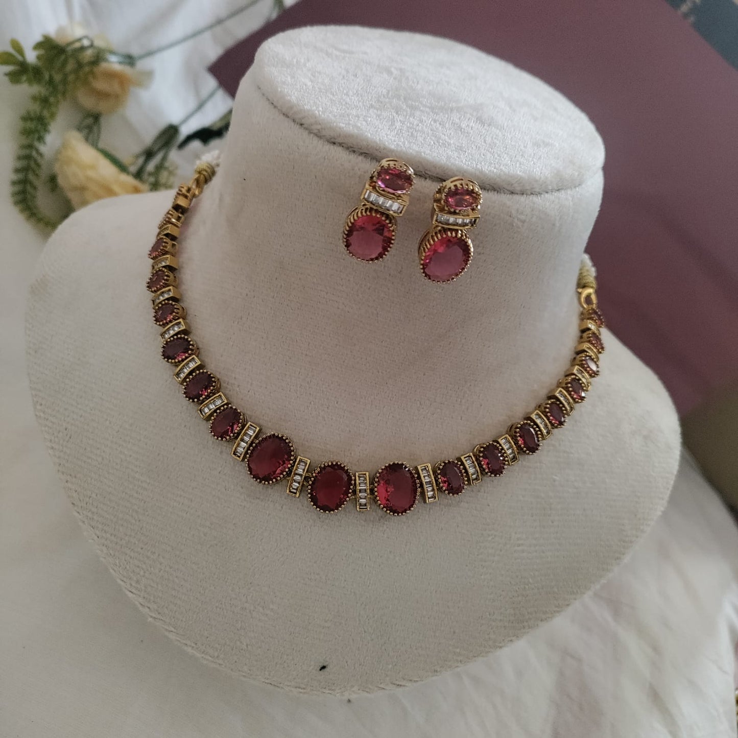 Gorgeous Ruby with Stone stone sparkling necklace set