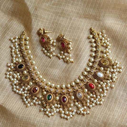 Short Guttapusulu navratna stone studded necklace