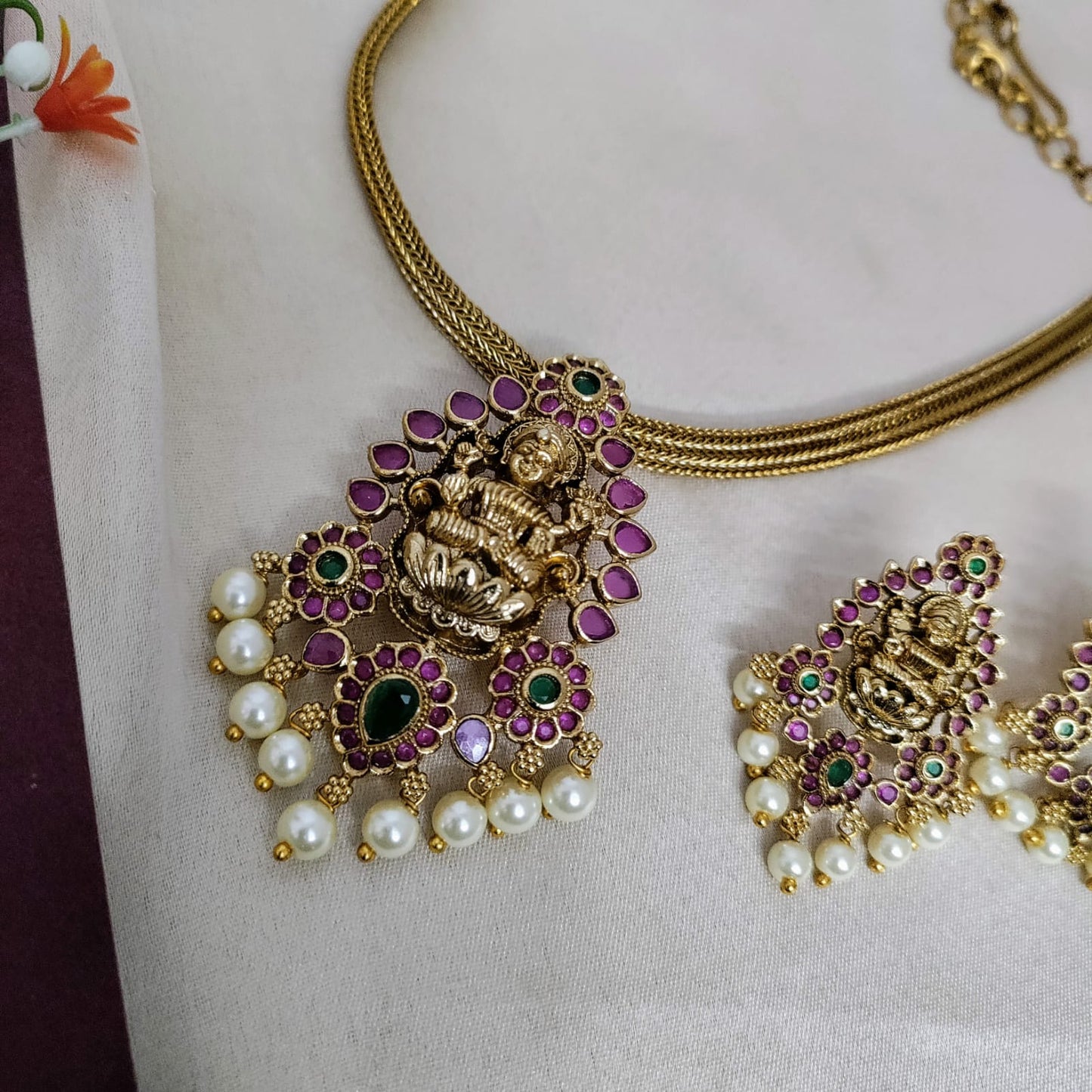 Lakshmi kemp stone adigai necklace