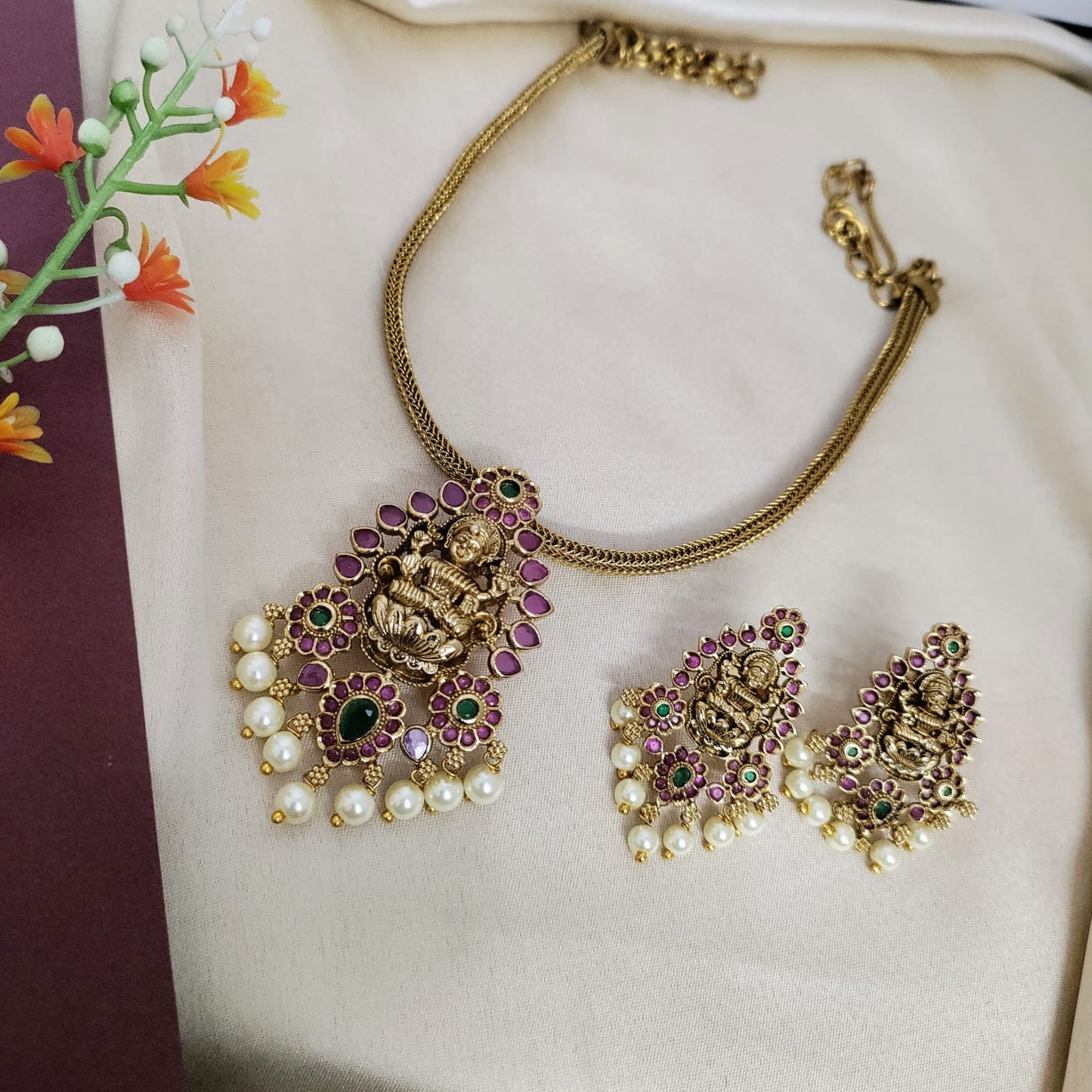 Lakshmi kemp stone adigai necklace