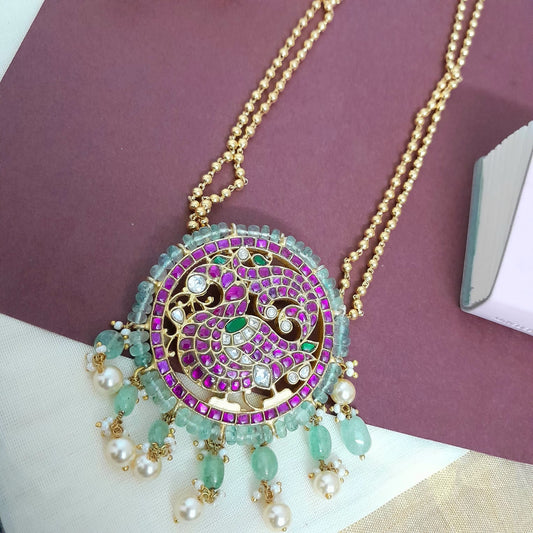 Round peacock pendant 2 layer long chain set