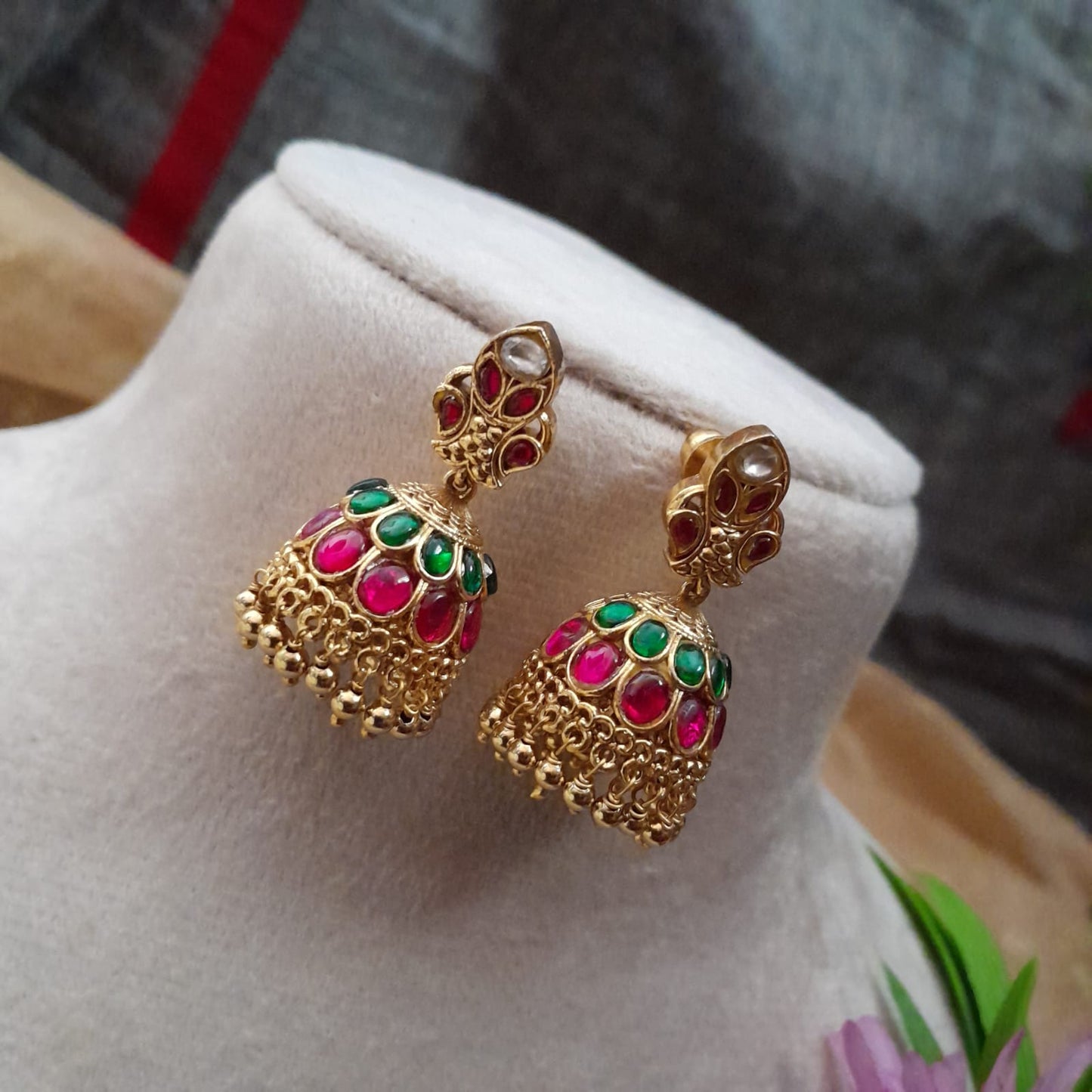 Ruby with green Jadau kundan jumkha