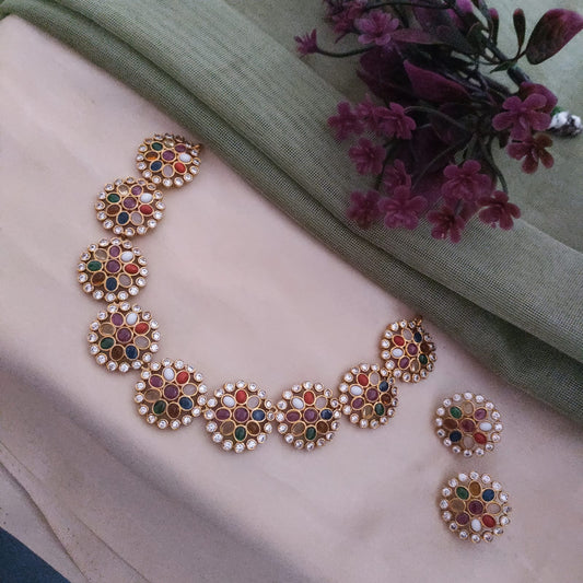 Navratna stone studded round pattern necklace set