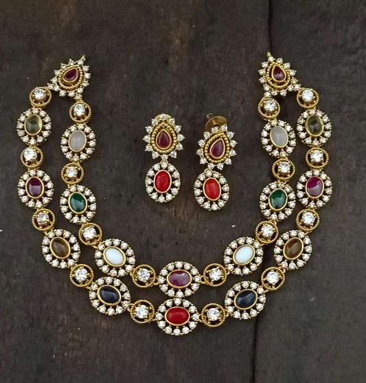 Navratna stone studded double layer necklace set