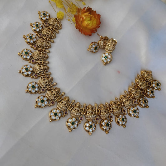 Lakshmi motif with white stone necklace