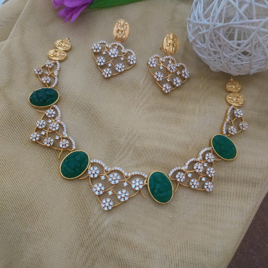 Contemporary design, CZ stone with carved emerald lakshmi design necklace