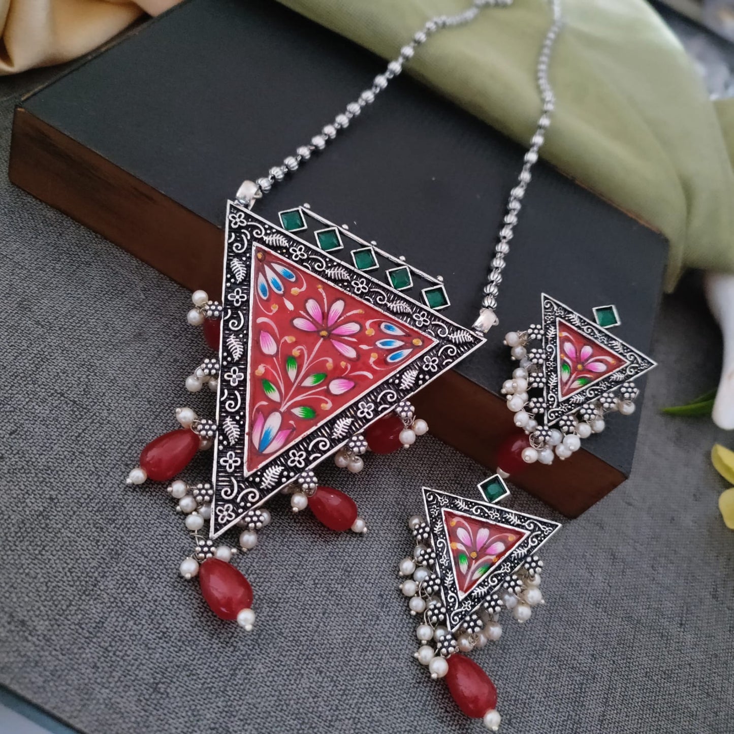 Handpainted long silver replica necklace