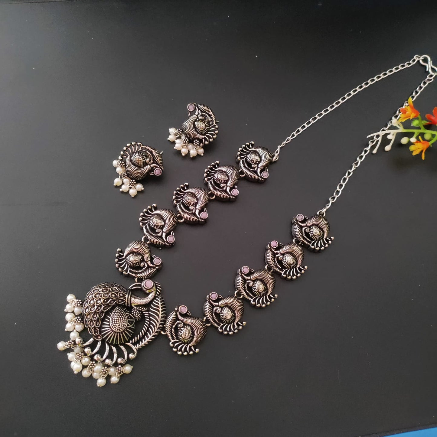 Peacock stone long silver replica chain set