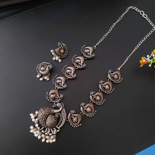 Peacock stone long silver replica chain set